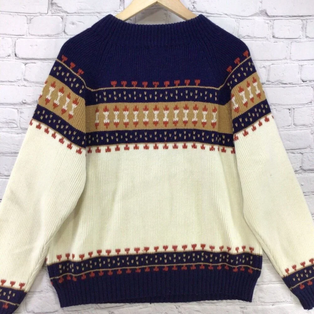 JC Penney Vintage Sweater 70's Nordic Knit Mens Sz‎ L Large Flaw Small Hole